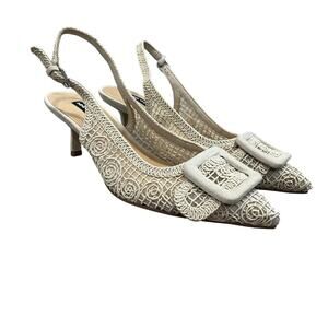 Nine West Nolla Woven Slingback Pumps Beige Sz 8.5 Block Heel Office Chic